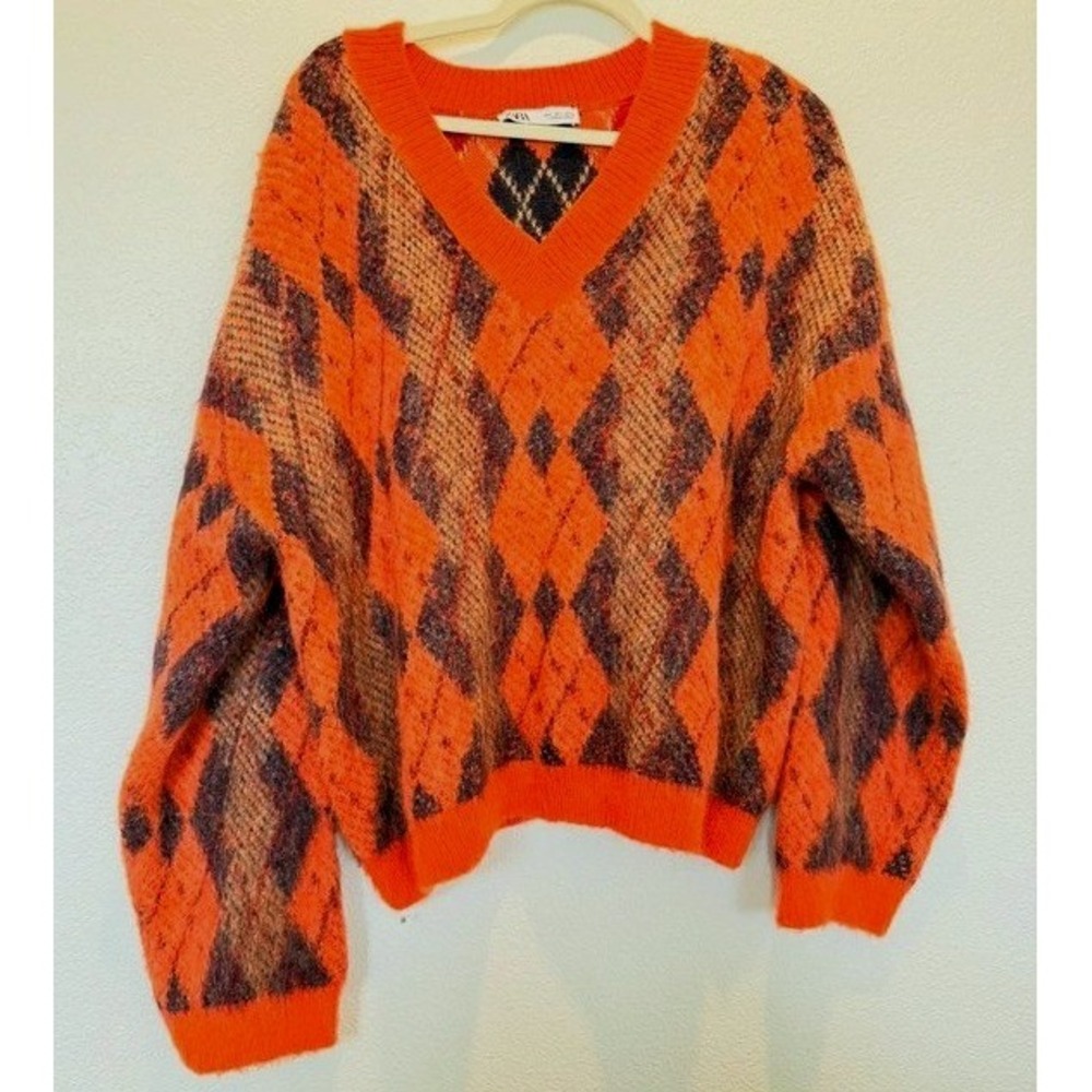 Zara Orange Argyle Alpaca-Blend Sweater Women's L V-Neck Oversized